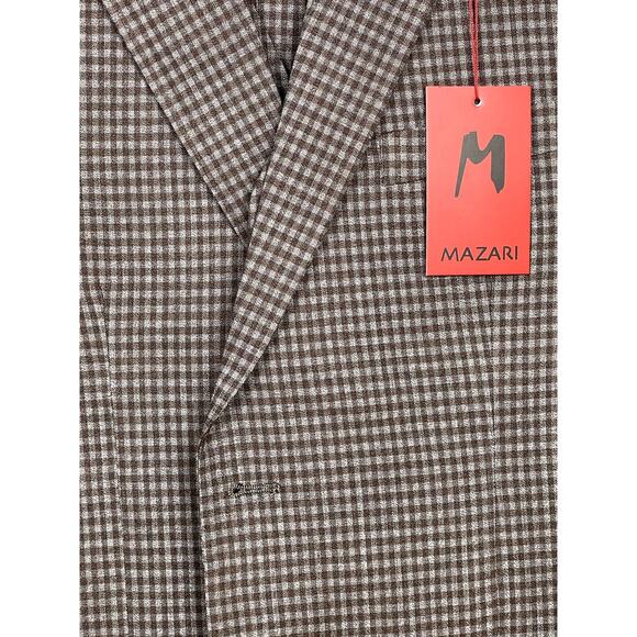 MAZARI Men's Taupe 3PC Modern Fit Gingham Check Paris Vested Suit 50R Pants 44 W - Picture 4 of 9